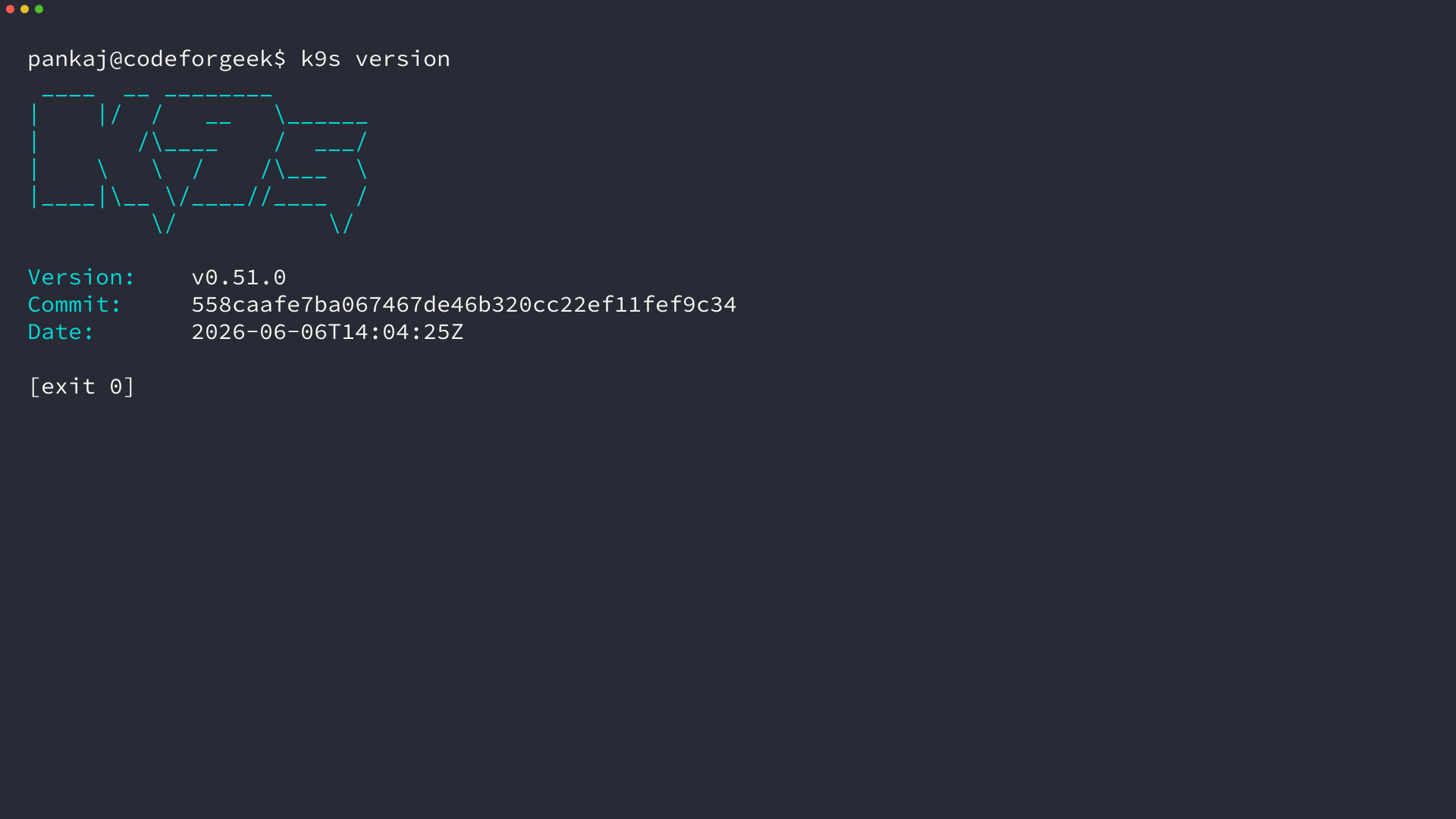 k9s version output showing v0.51.0 with the project banner
