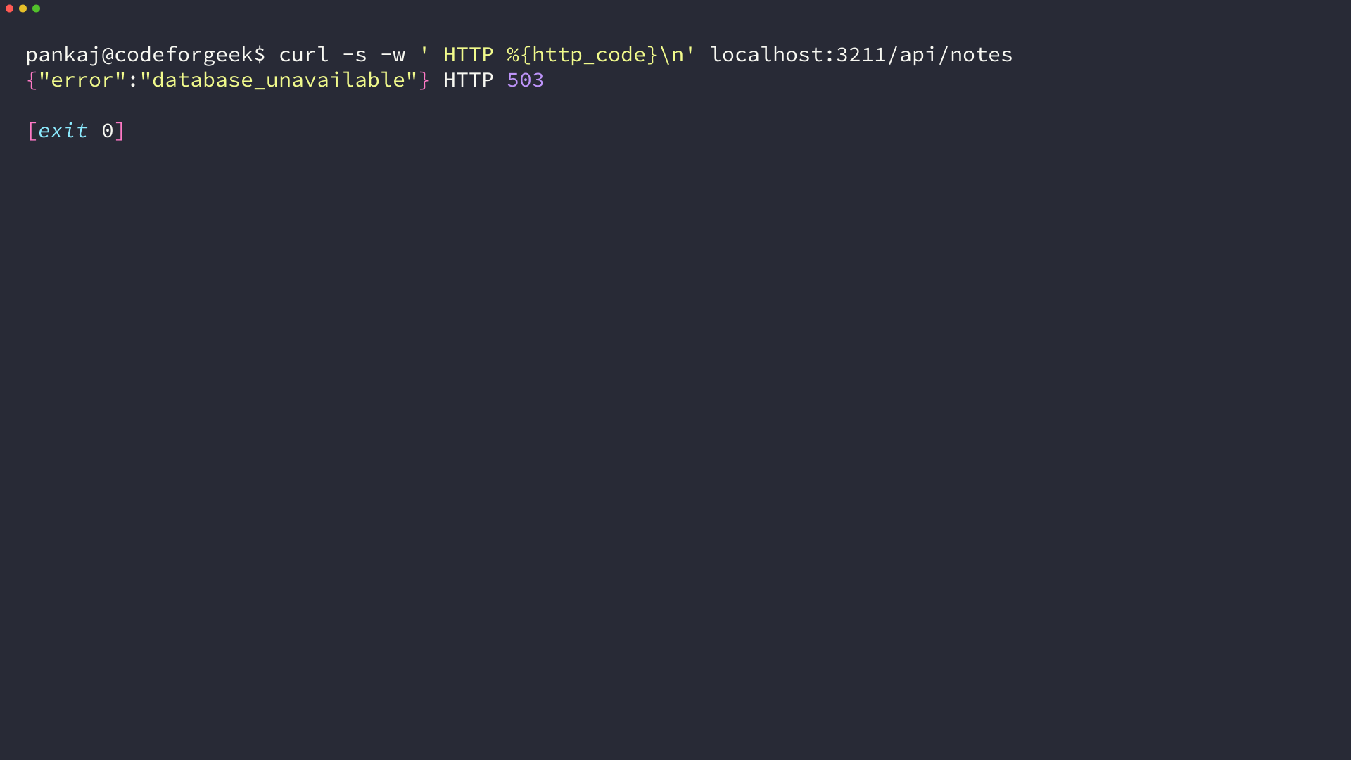 Terminal showing a 503 database_unavailable response from the API