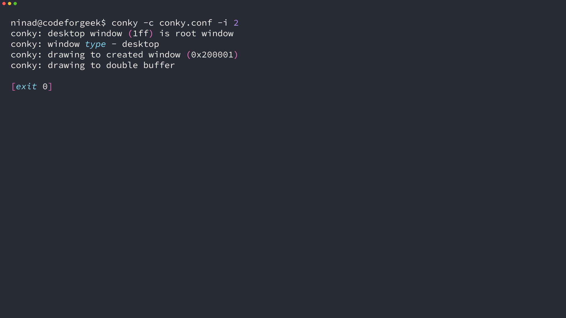 Terminal running conky -c conky.conf -i 2, which draws the widget twice and exits with status 0