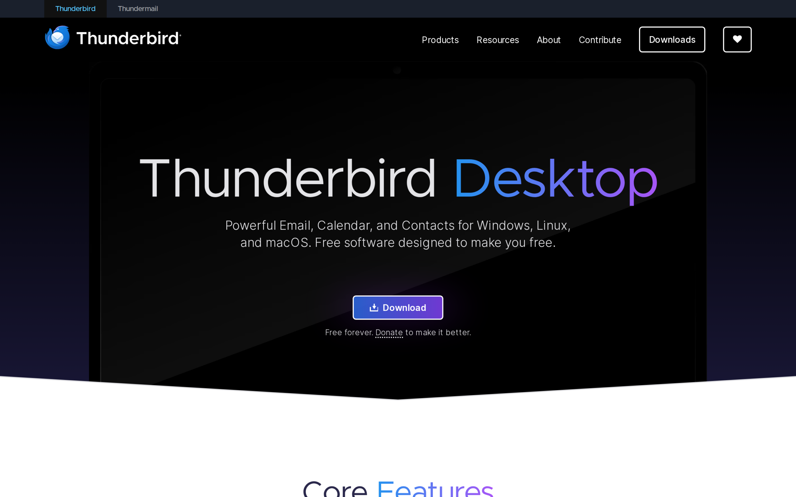 Thunderbird Desktop official page offering the Linux email app