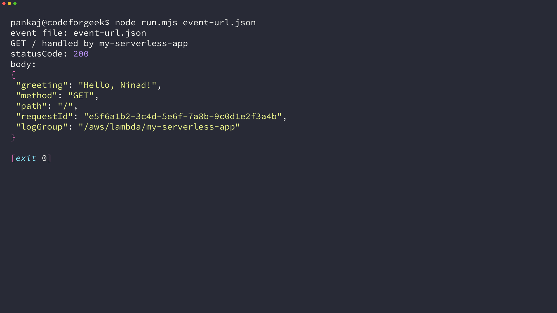 Terminal output showing the handler returning statusCode 200 for a payload format 2.0 request event