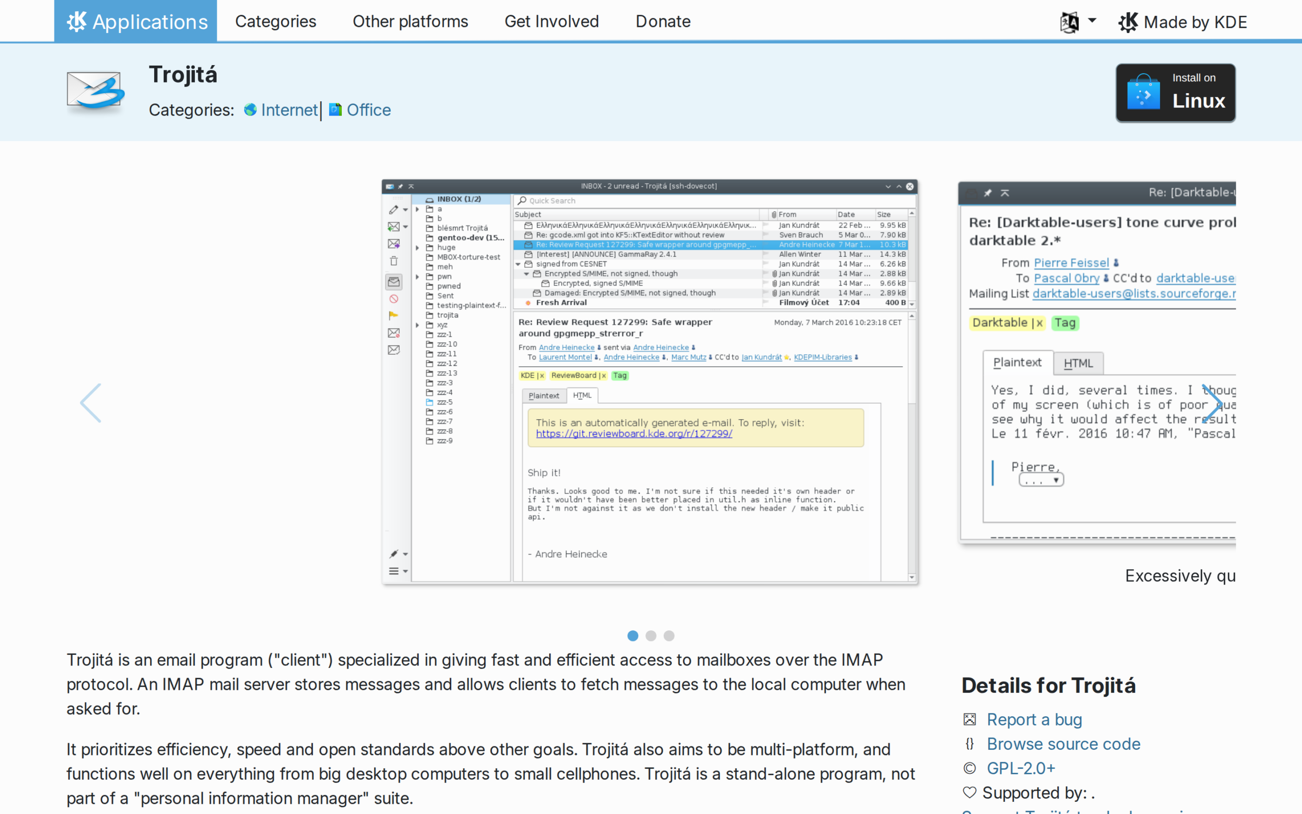 Trojitá KDE page with Linux install badge and IMAP mail-window gallery