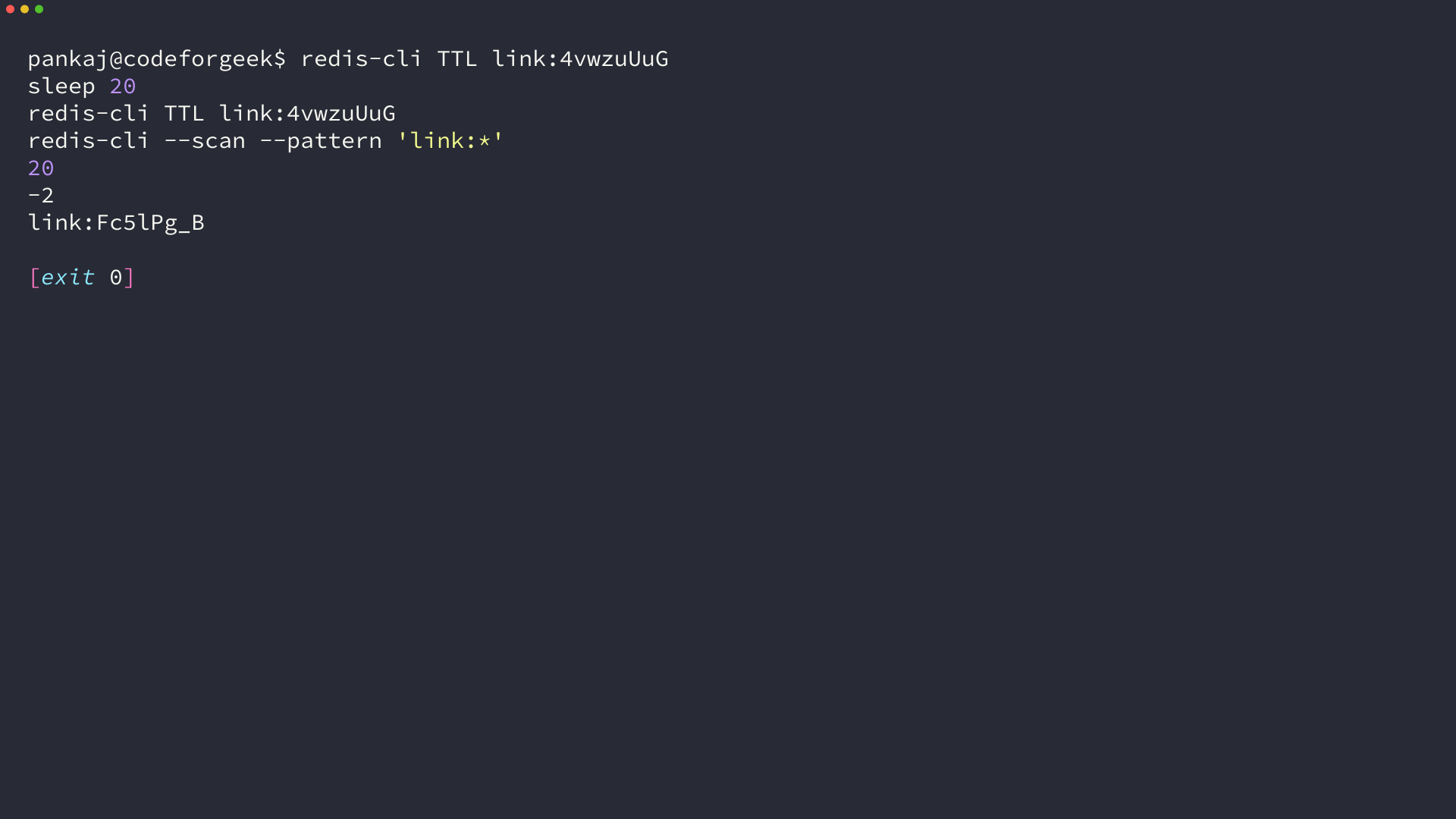 Terminal output showing a key's TTL counting down to -2 after a sleep, followed by a key scan where that code is absent