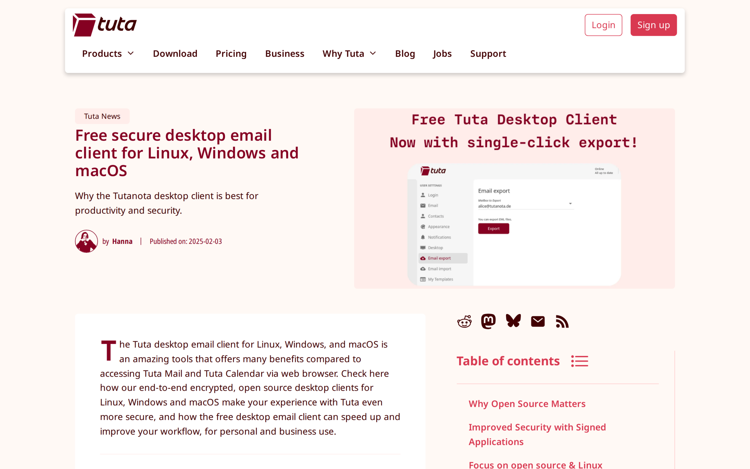 Tuta desktop client article with email-export settings graphic