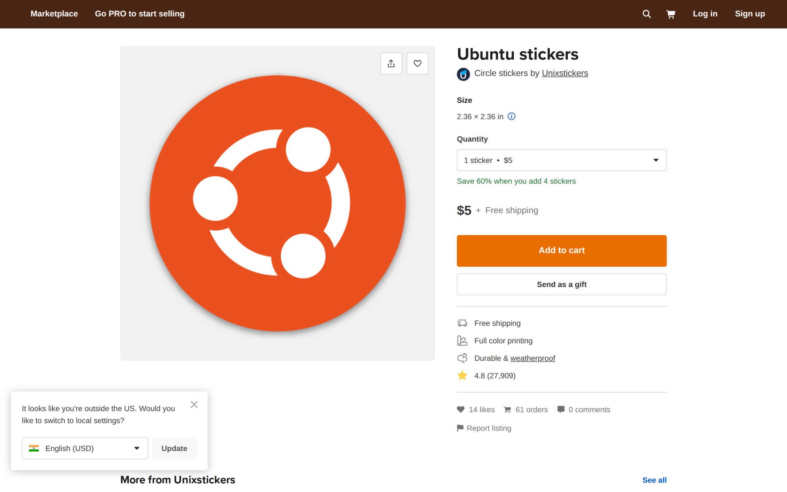 Unixstickers Ubuntu sticker product page with size, quantity and Add to cart controls