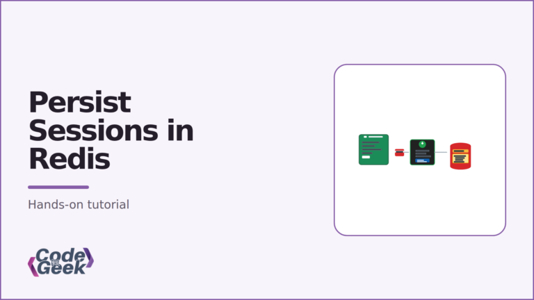 CodeForGeek featured banner for the Express session management with Redis tutorial, showing a client browser passing a session cookie to Express and the Redis store.