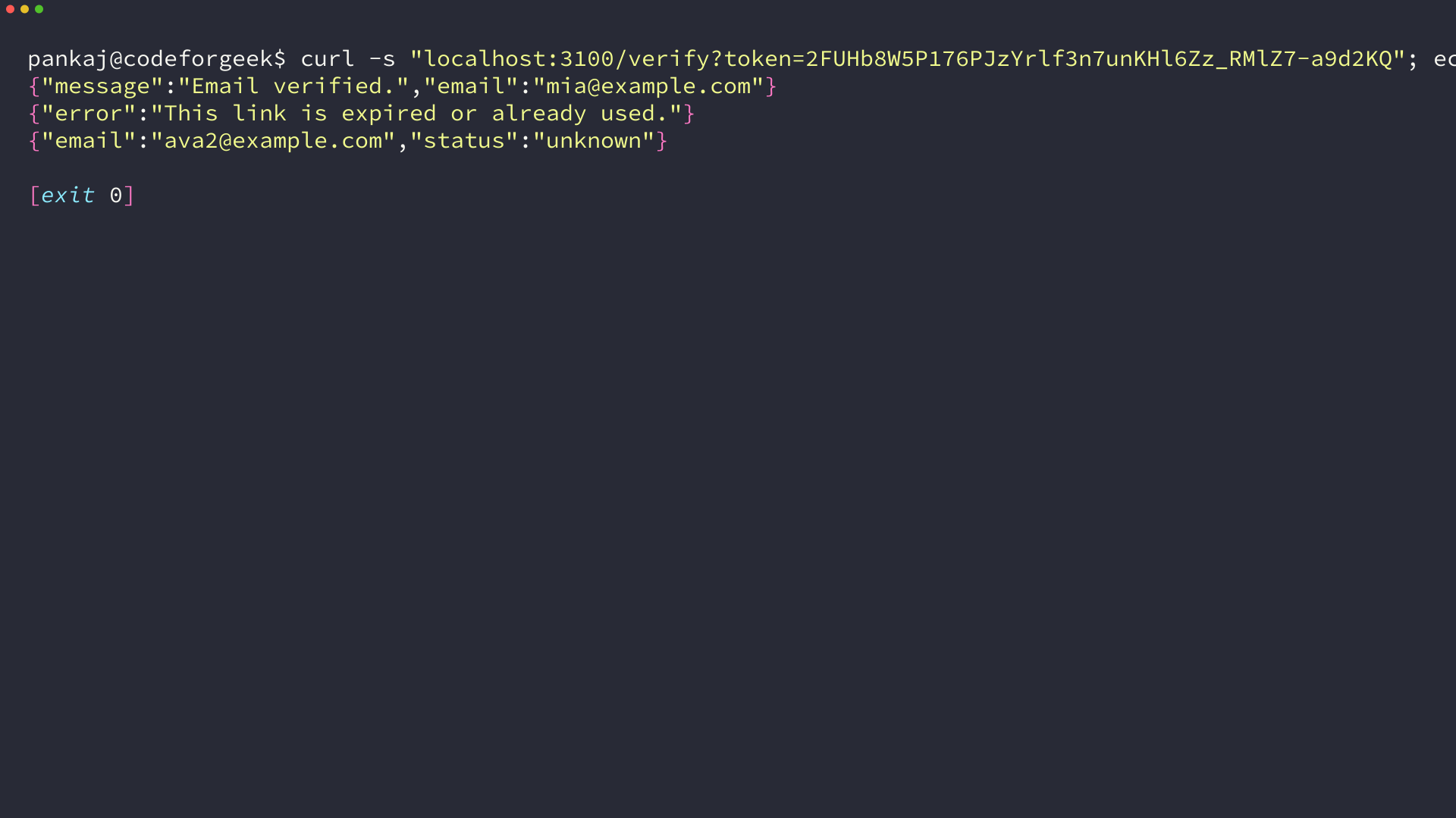 Terminal showing token verified, replay rejected, and unknown status for a fresh address