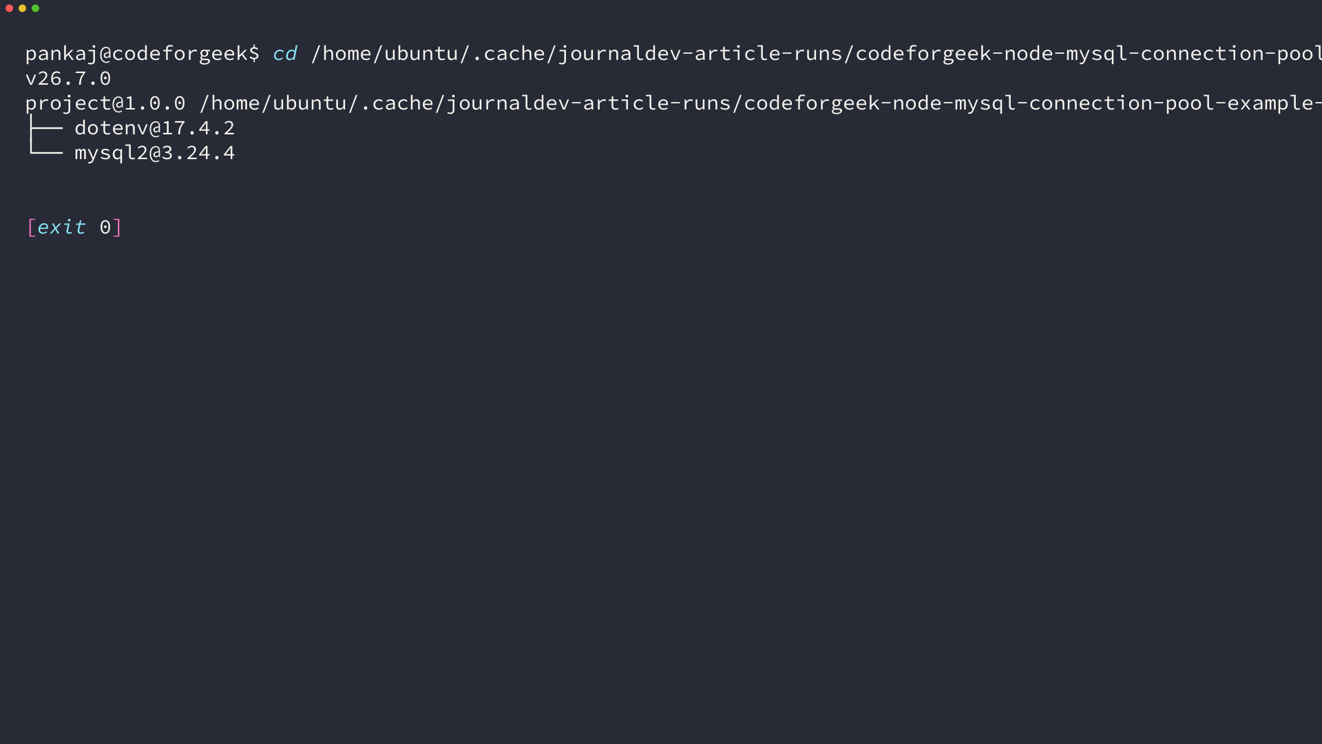 Node version and mysql2 package versions verified on host