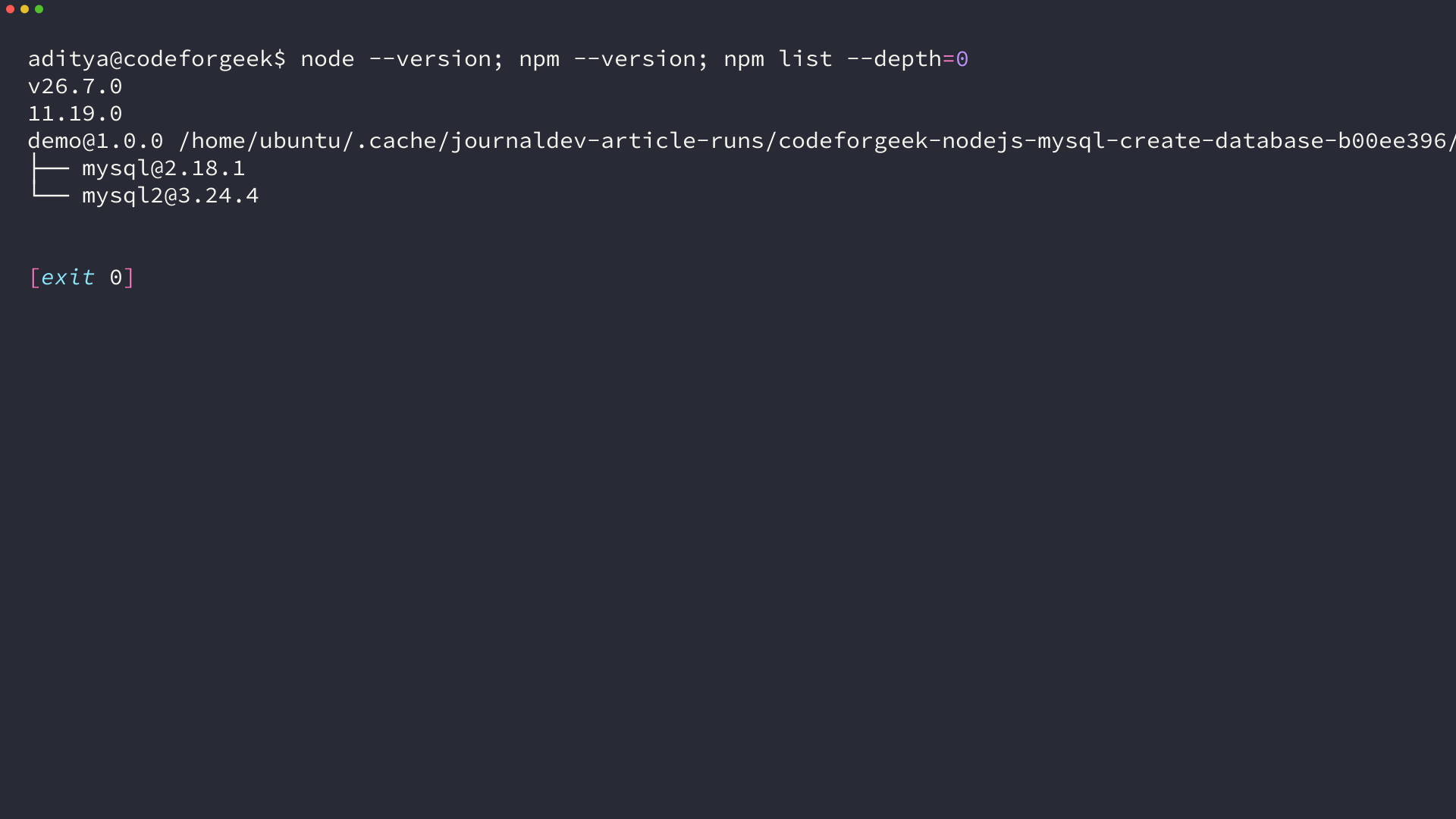 Node 26.7.0 and mysql2 3.24.4 versions verified on MariaDB 10.11