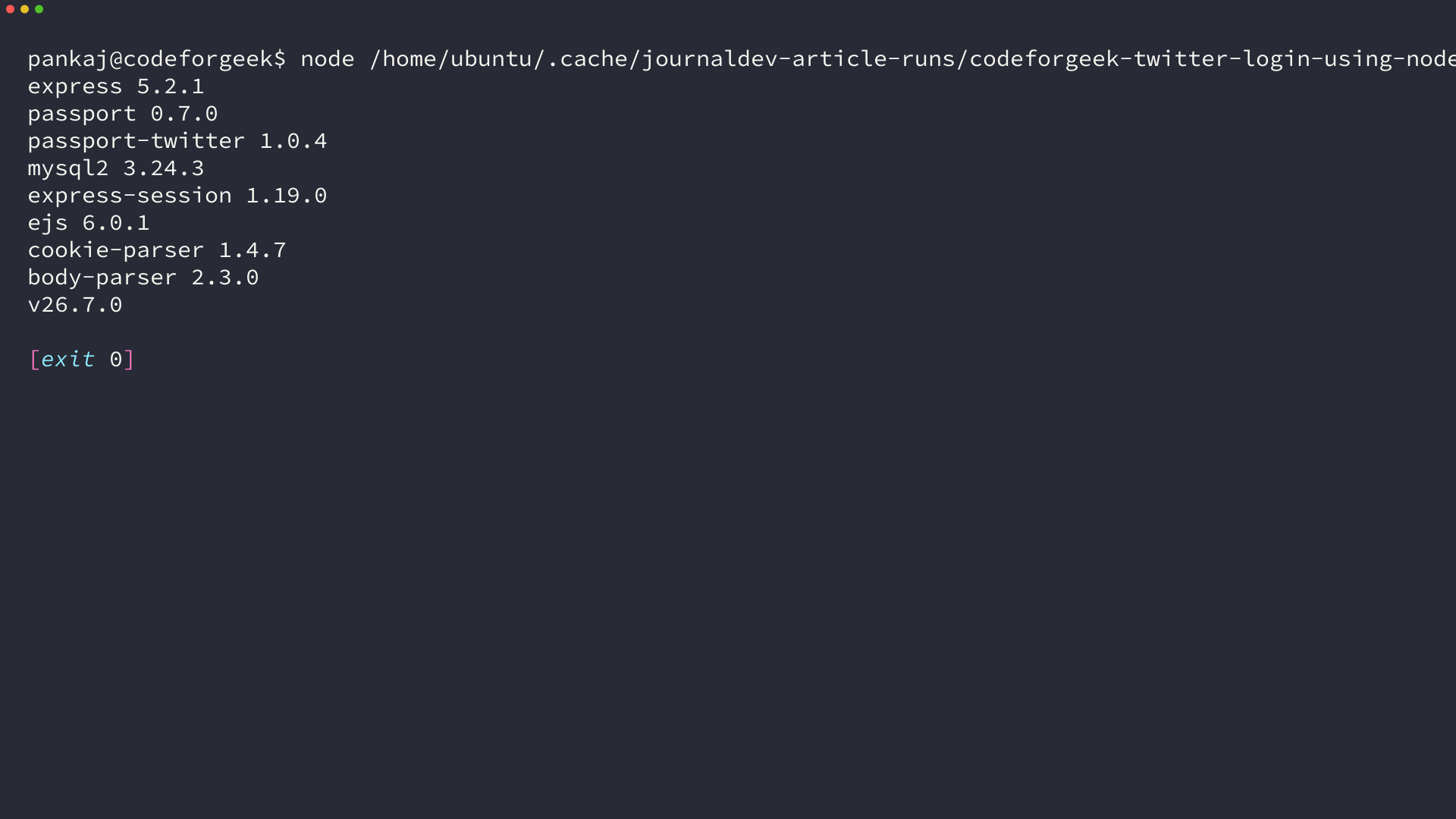 Terminal output listing the installed package versions for the Twitter login app