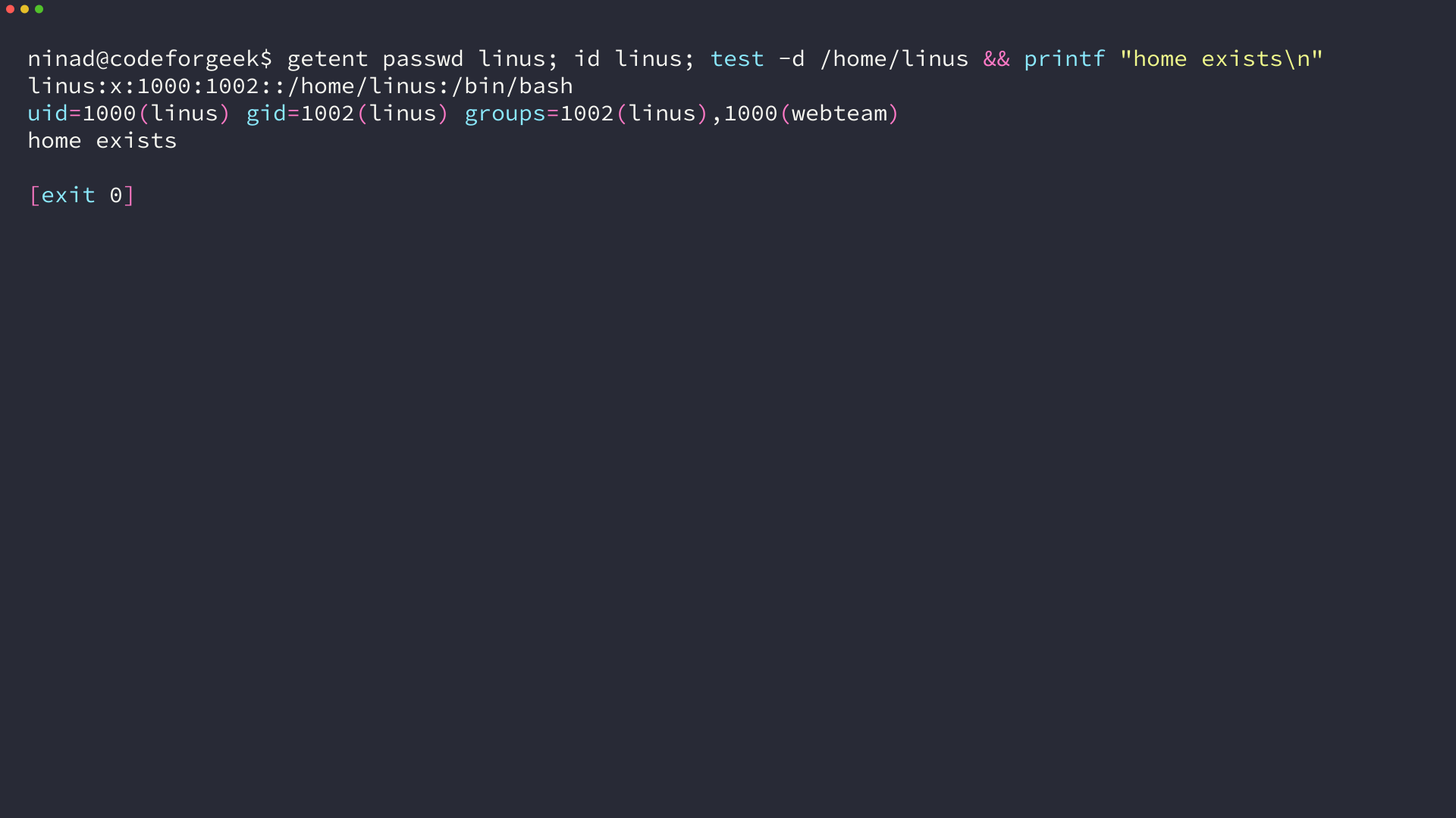 Isolated test-root output for getent passwd linus and id linus, showing the /home/linus path and webteam membership