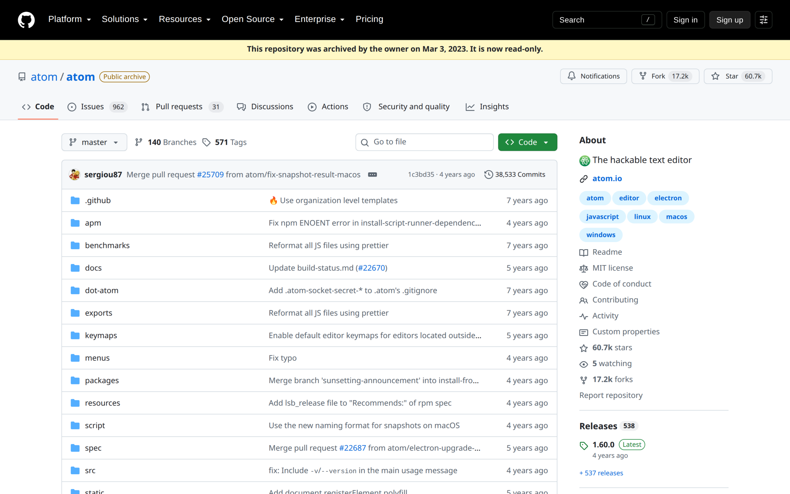 GitHub marks the atom/atom repository as a public archive and read-only