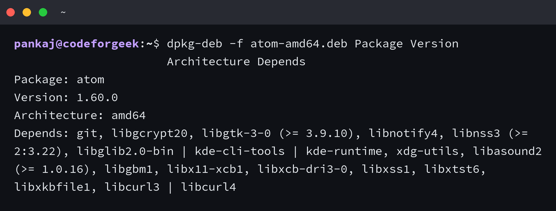 dpkg-deb displays the archived Atom package version, architecture and dependencies