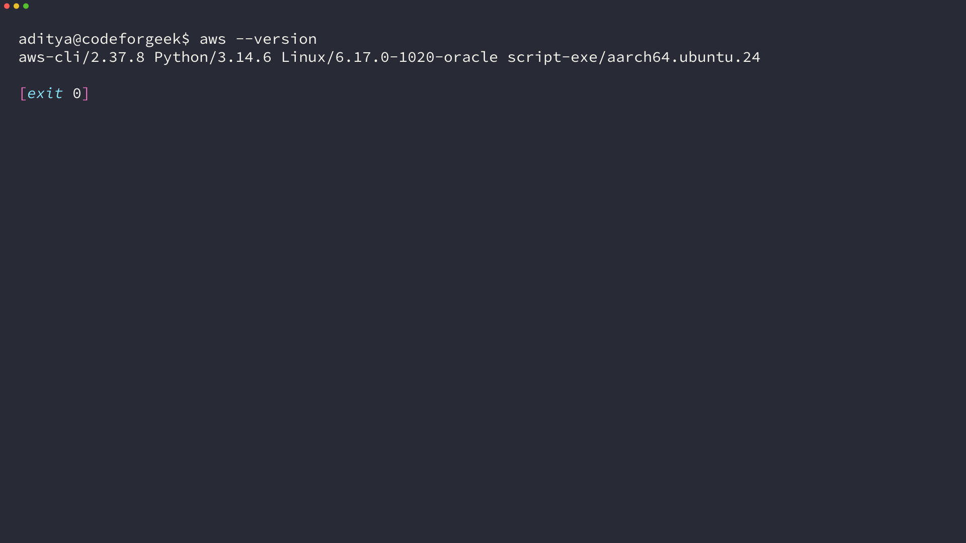 Terminal output from aws --version showing AWS CLI 2.37.8