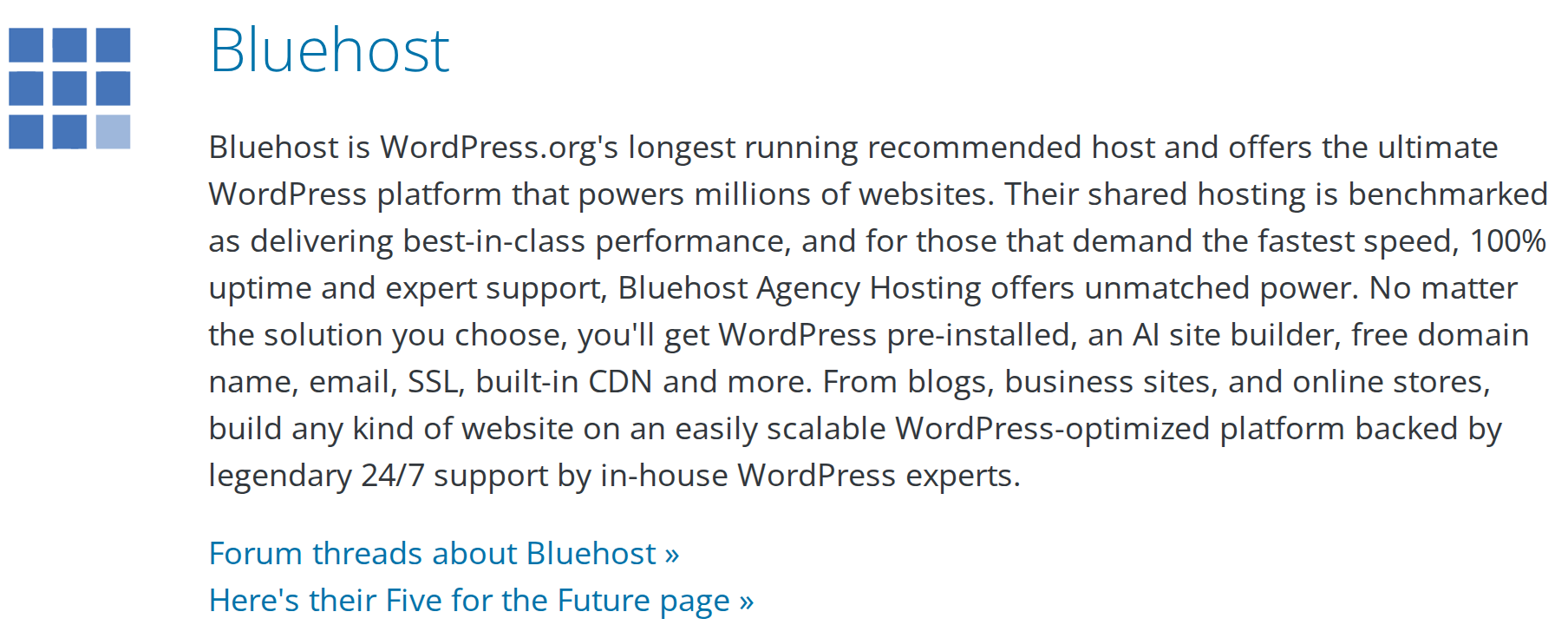 Bluehost listing in the WordPress.org hosting directory