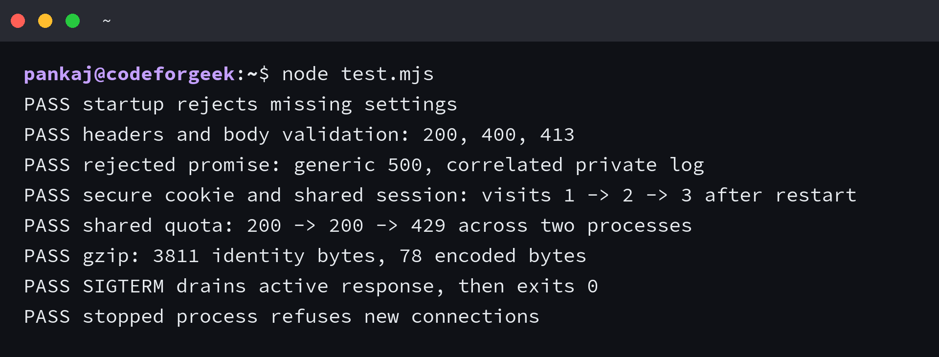 Express checks pass for invalid bodies, sessions, quotas, gzip and termination