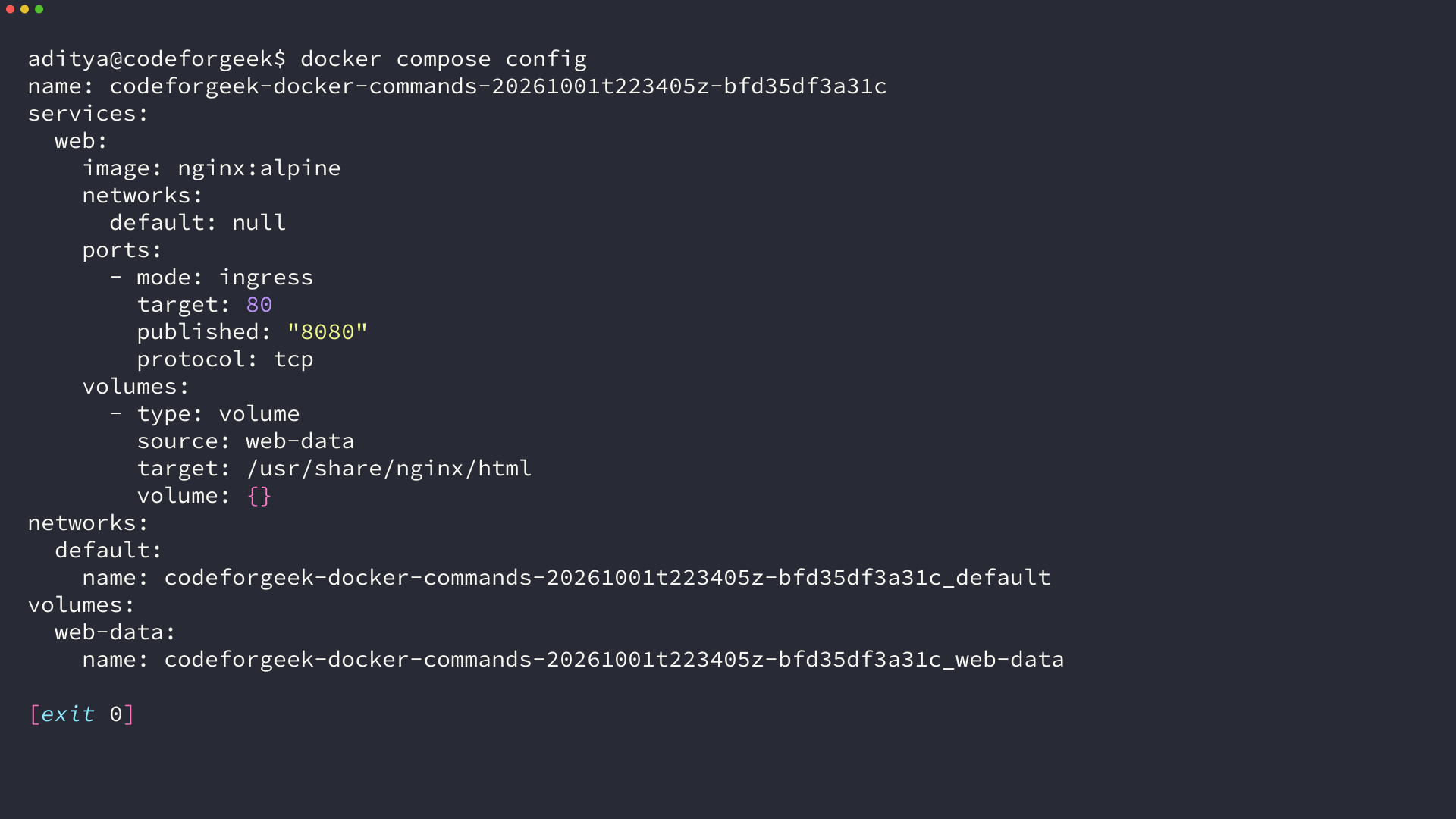 Normalized Compose output showing the web service, port mapping, default network, and named volume