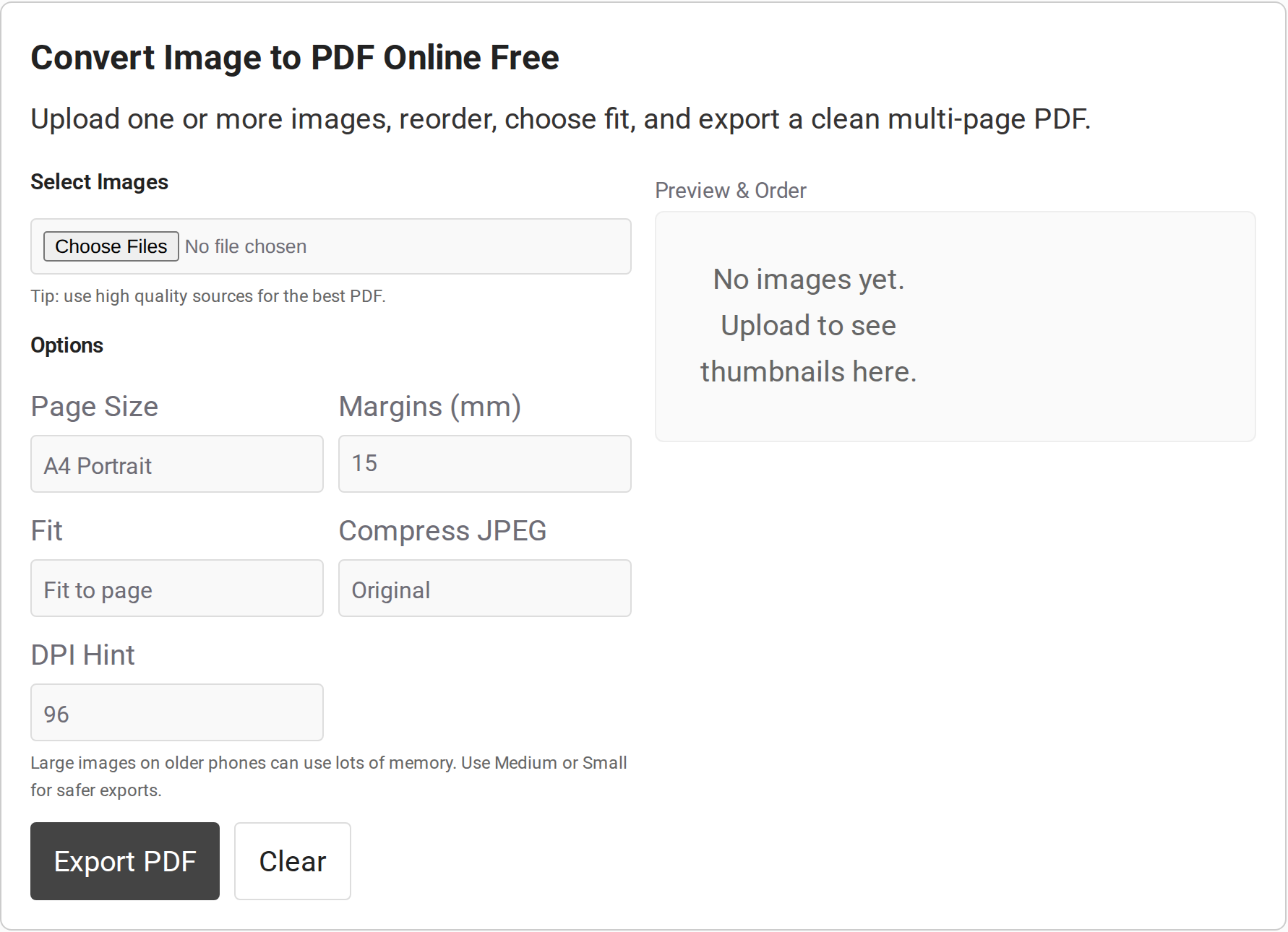 Image to PDF tool with page size, margin, fit, quality, and DPI controls