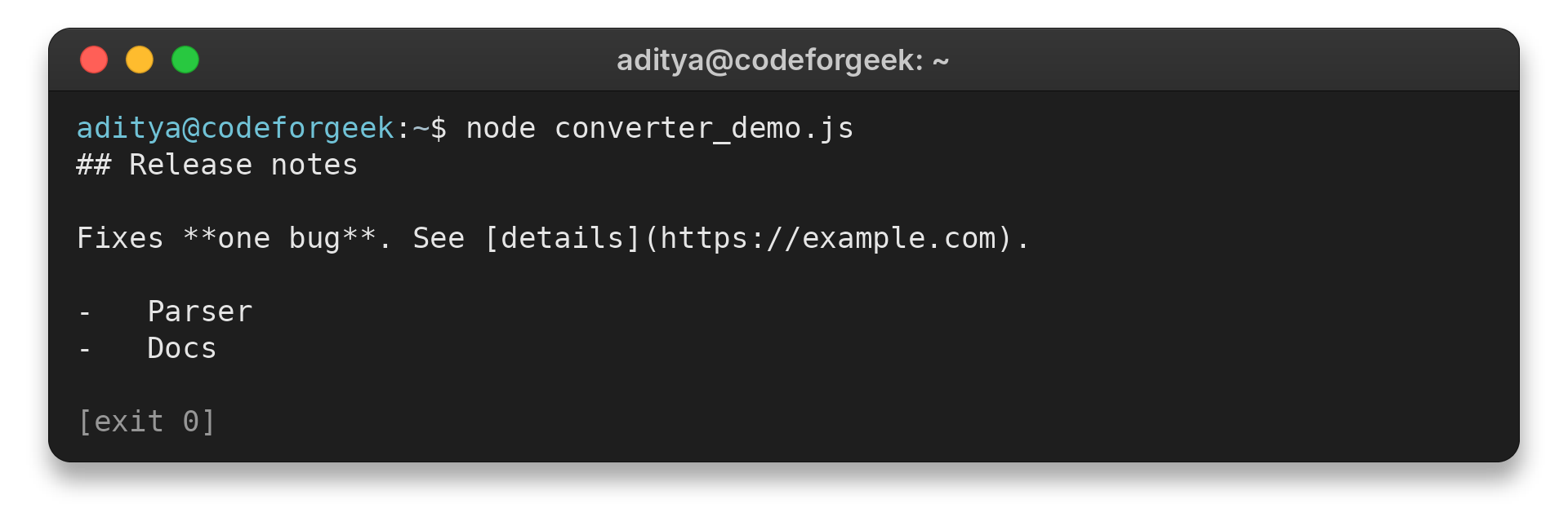 Terminal output from the Turndown HTML to Markdown example