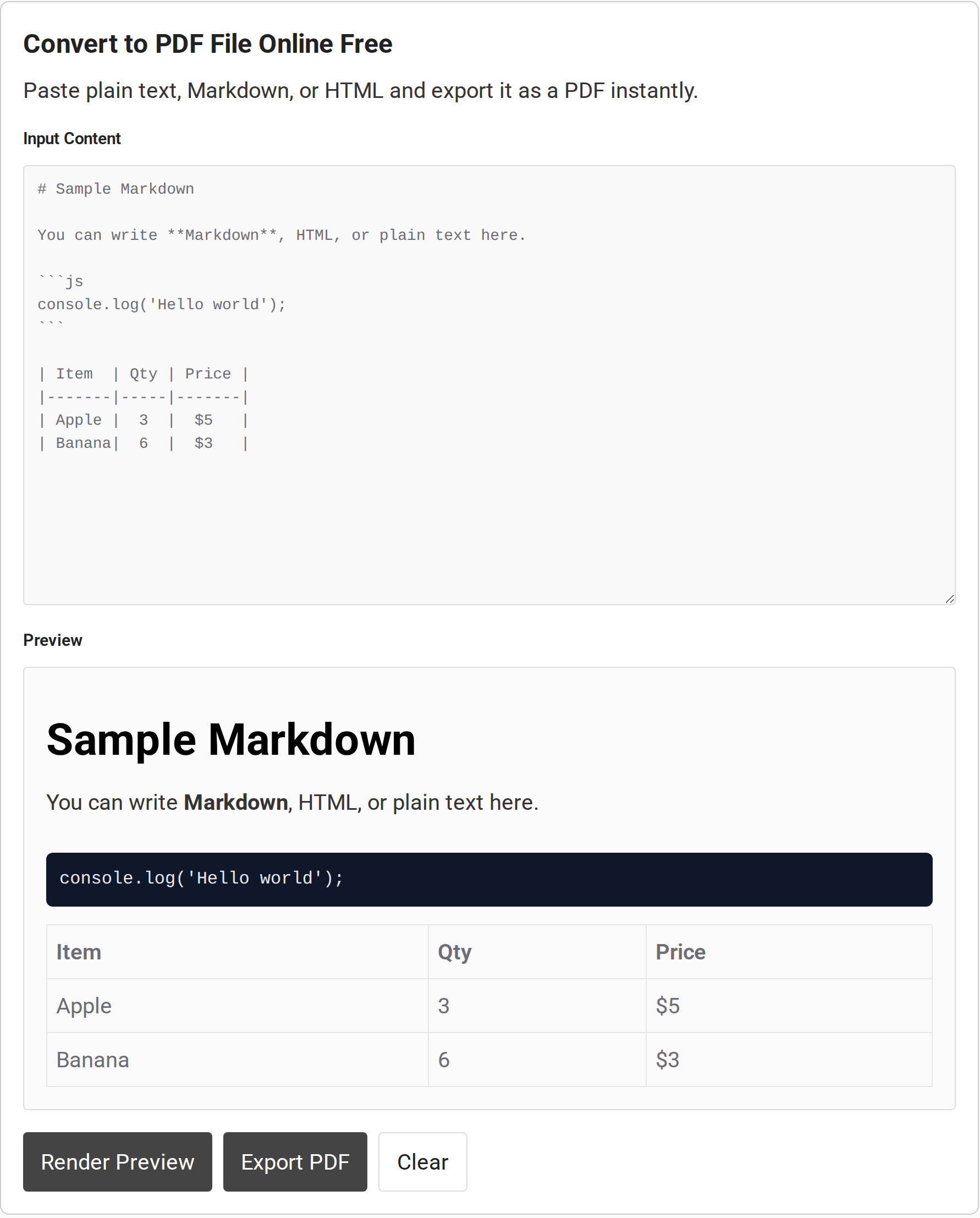 Online PDF converter with Markdown input, preview, and export controls