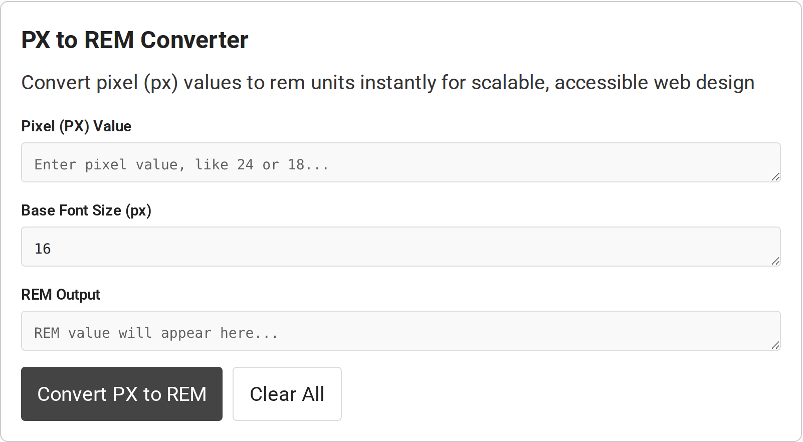 The CodeForGeek PX-to-REM converter with pixel input, base font size, output and conversion buttons