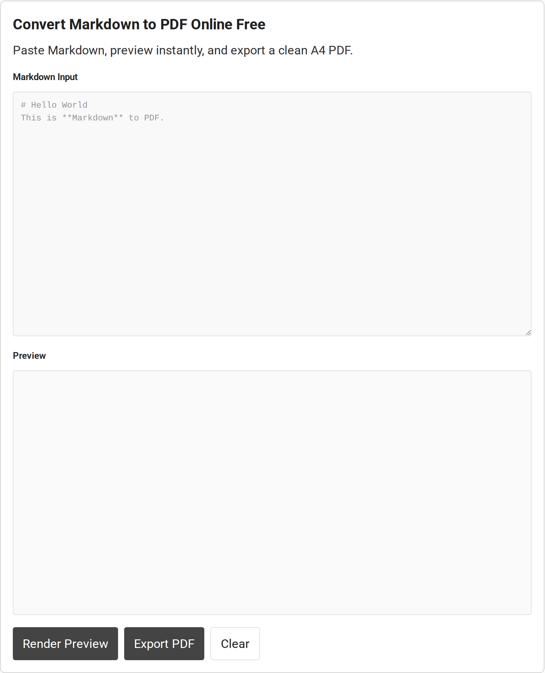 Markdown input, empty preview and controls in the CodeForGeek Markdown to PDF tool