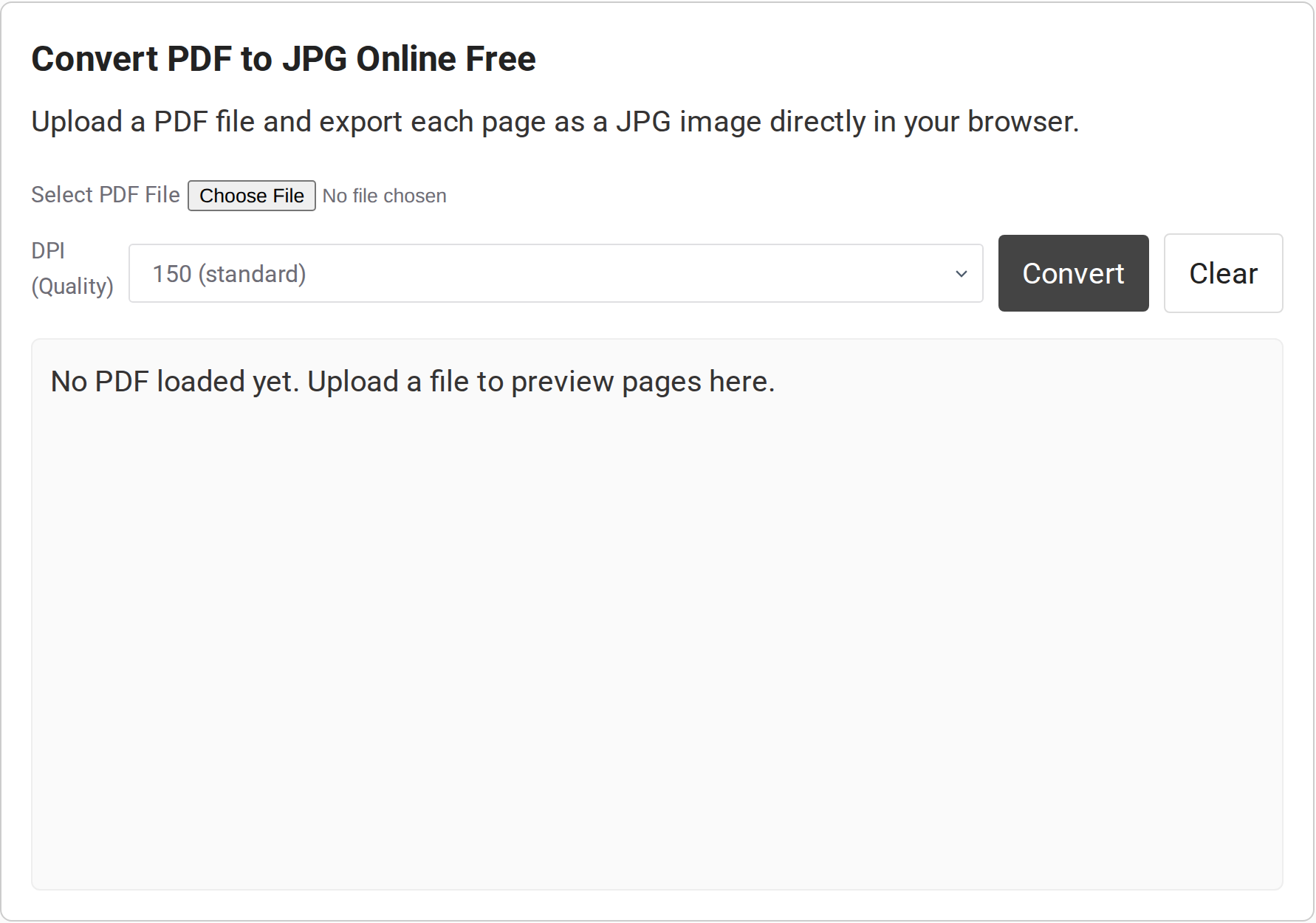 PDF-to-JPG converter with the file picker, 150 DPI selected, Convert, and Clear controls