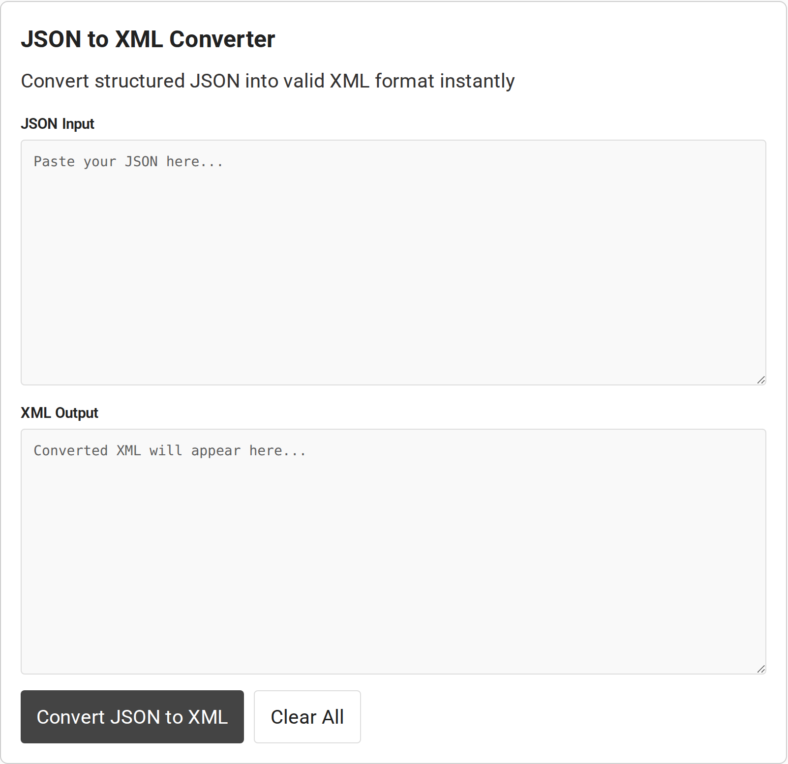 JSON Input and XML Output fields with Convert JSON to XML and Clear All buttons