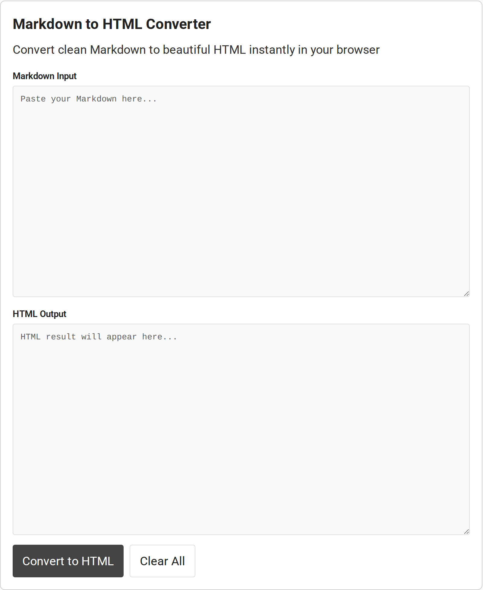 Markdown Input and HTML Output fields with Convert to HTML and Clear All controls