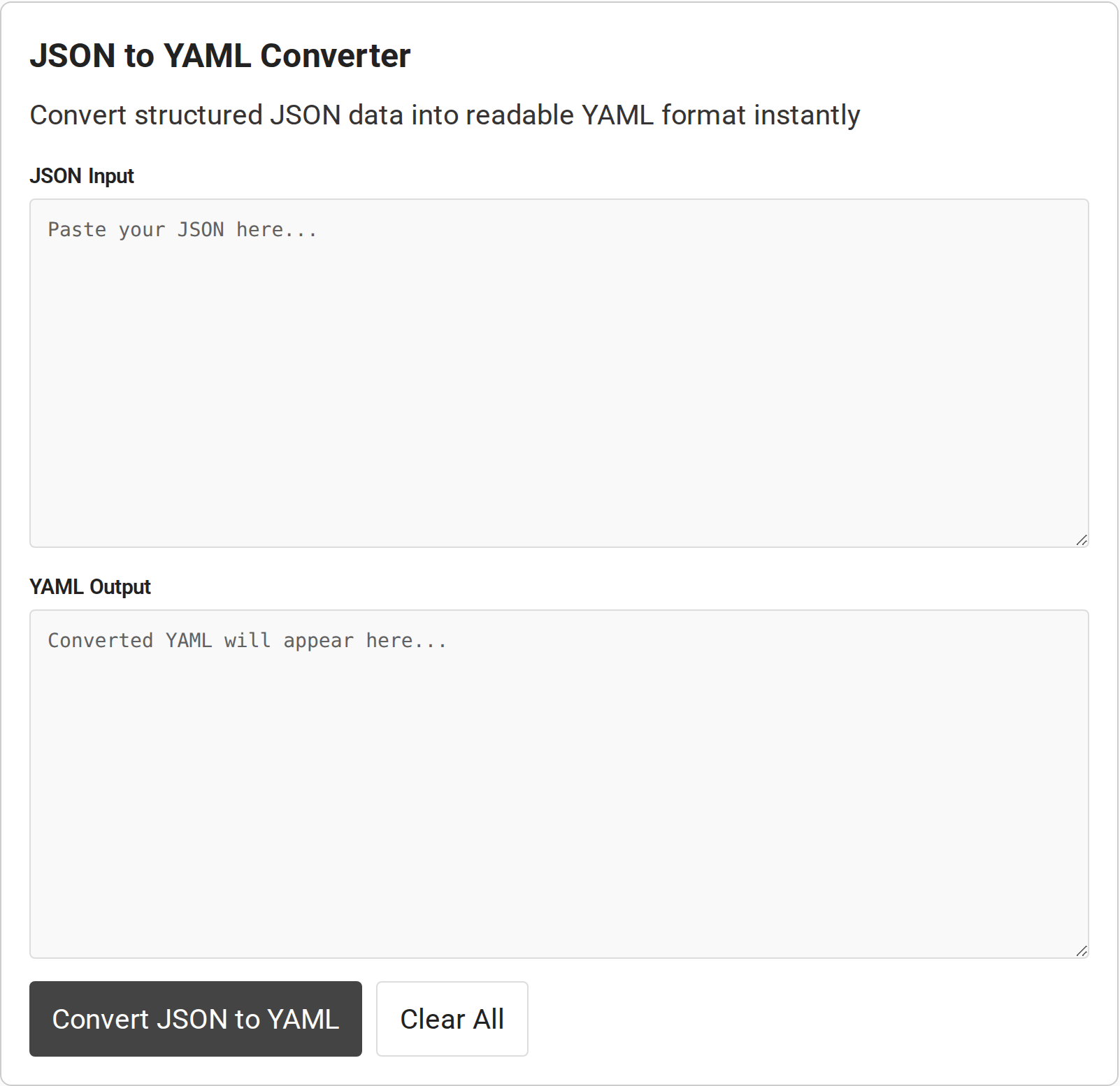 JSON input and YAML output areas with Convert JSON to YAML and Clear All buttons