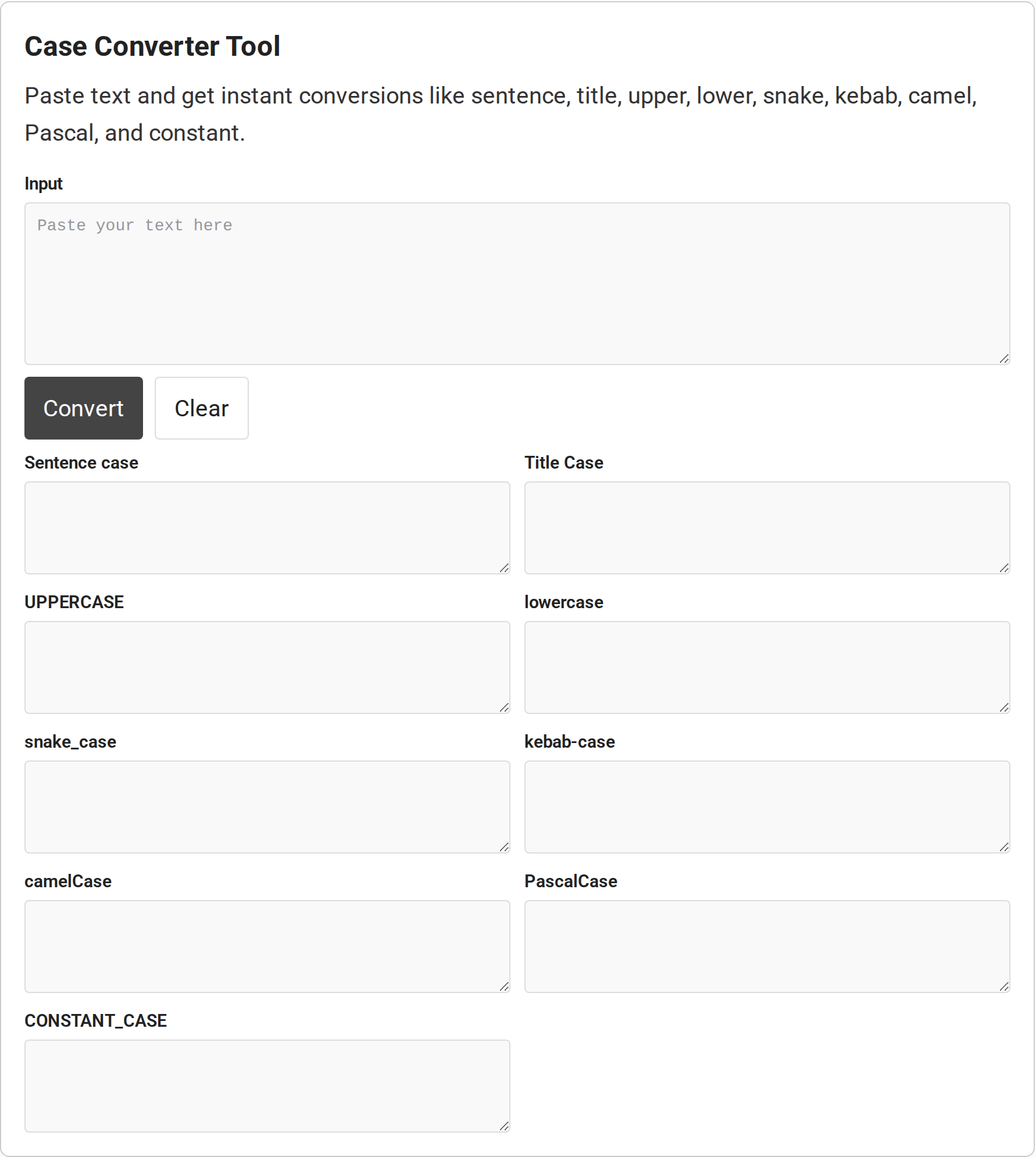 Case converter input, Convert and Clear controls, and nine output fields