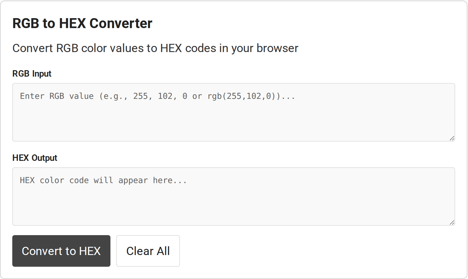 RGB input and HEX output fields in the online converter
