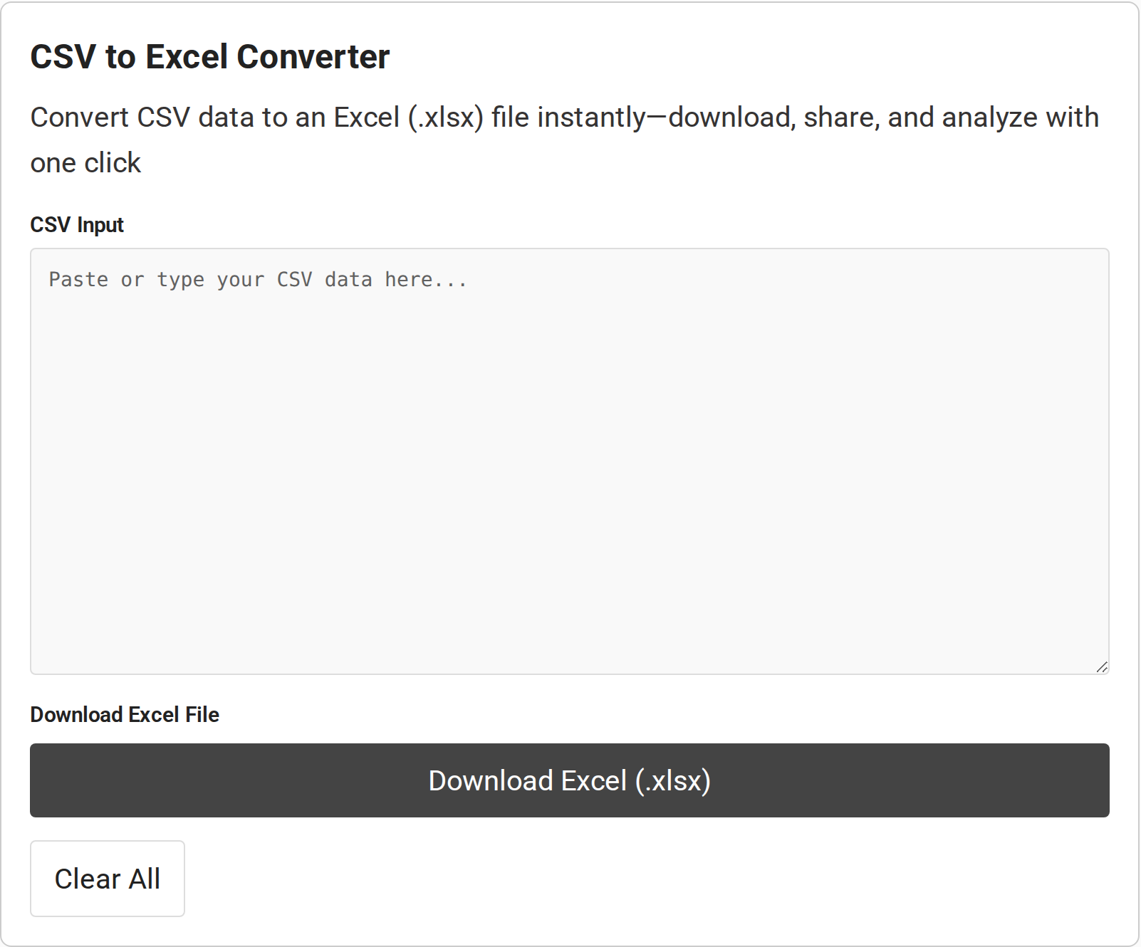 CSV Input textarea with Download Excel (.xlsx) and Clear All controls