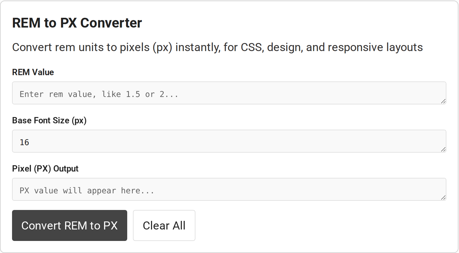 REM to PX converter with a blank REM field, a 16px base font size, and an empty pixel output