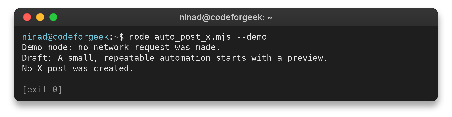 CodeForGeek terminal showing the no-network Node.js X-post demo