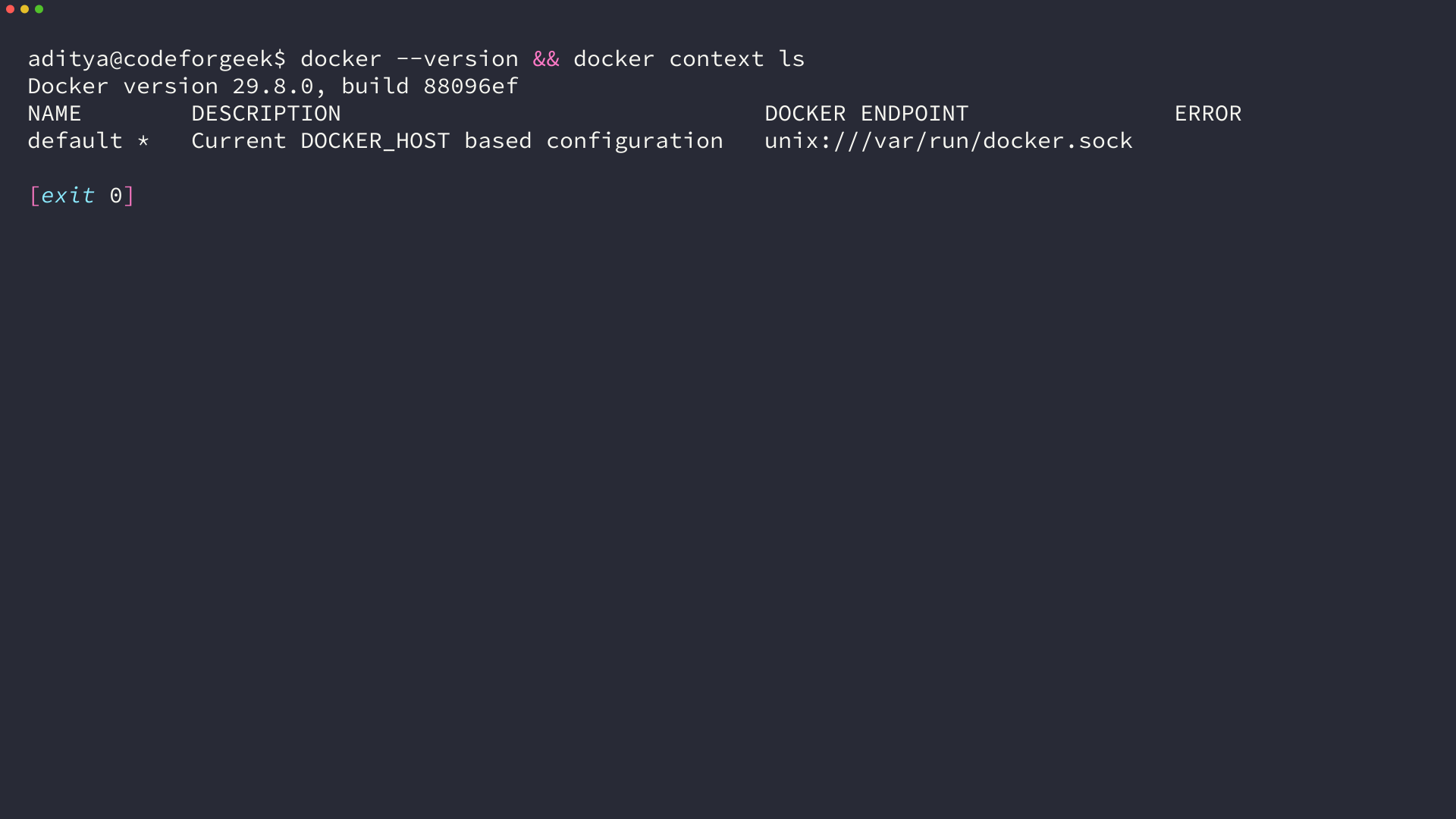 Docker CLI version and active context shown by docker --version and docker context ls