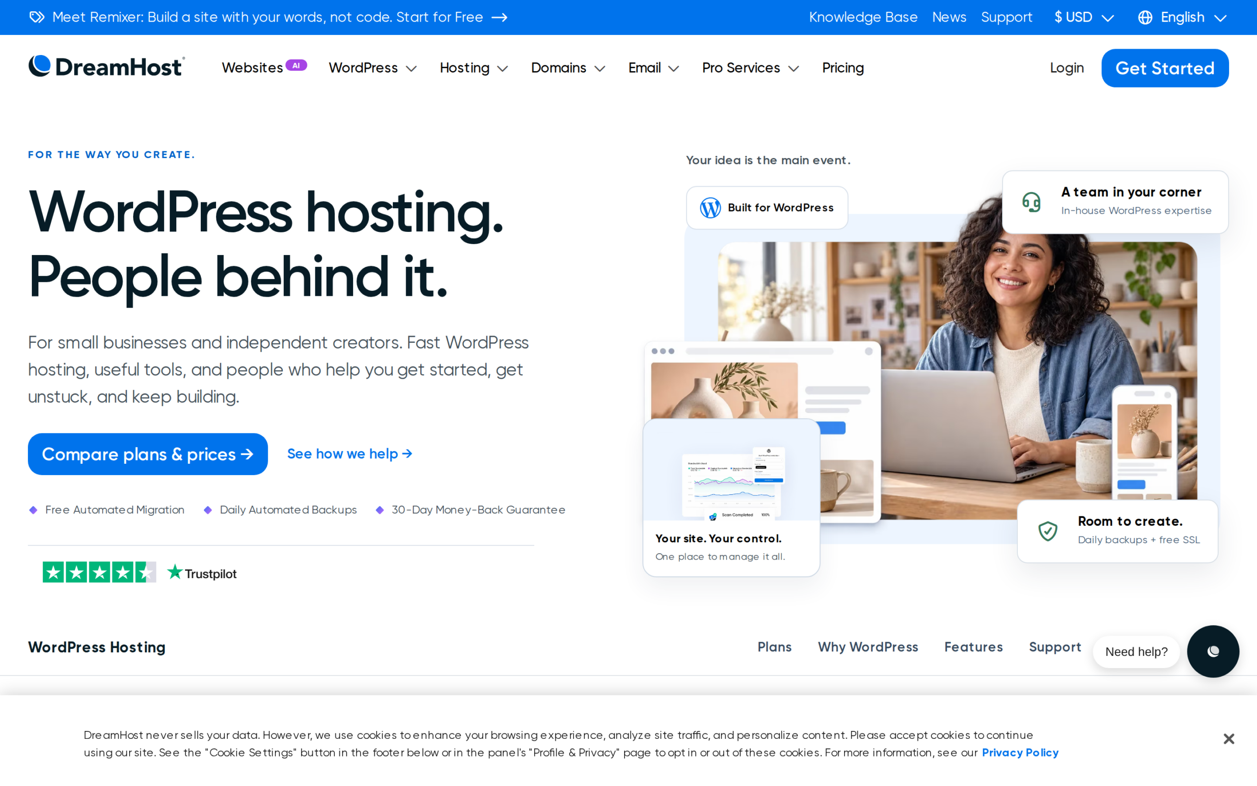 DreamHost WordPress hosting page with daily backups