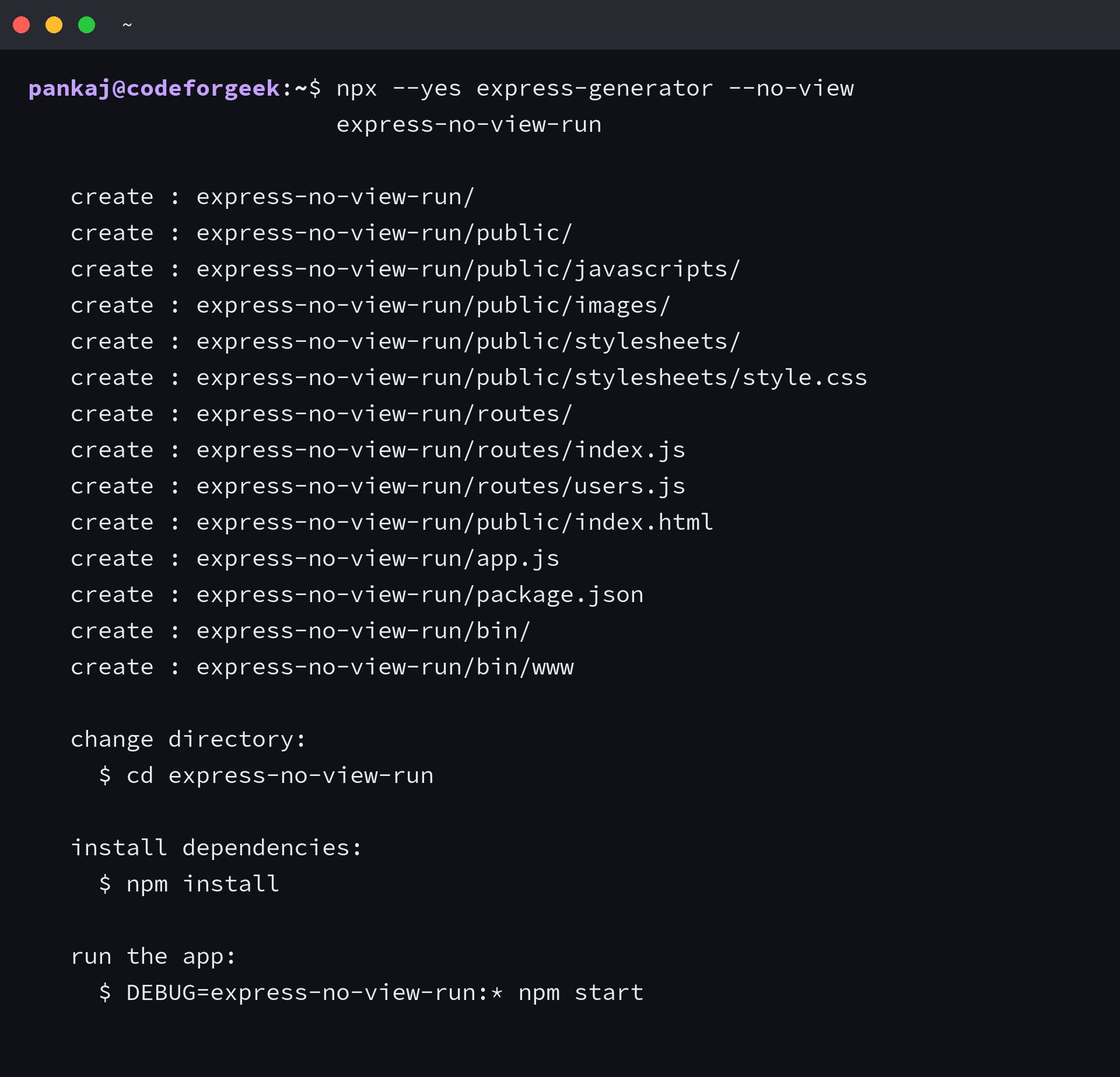 Express Generator creates a view-free scaffold with app.js, bin/www, route files, and public files.