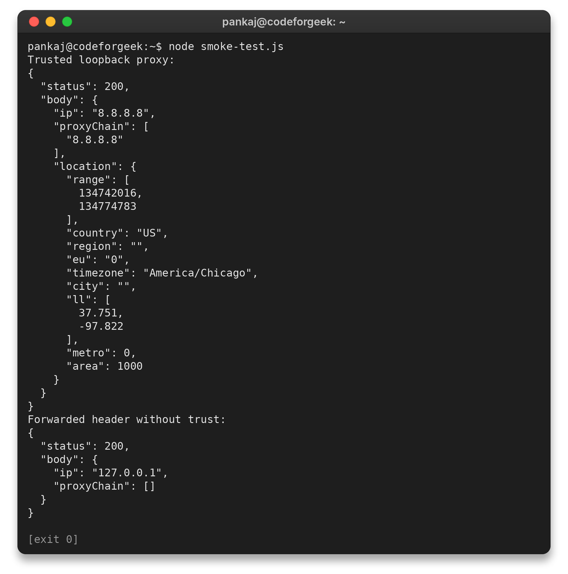 Terminal output showing Express trusting a loopback proxy and ignoring an untrusted forwarded address