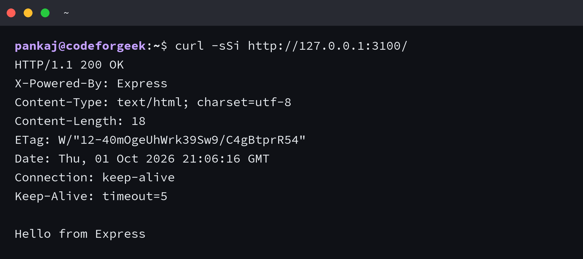 Terminal shows HTTP 200 and Hello from Express from a GET request to the root path.