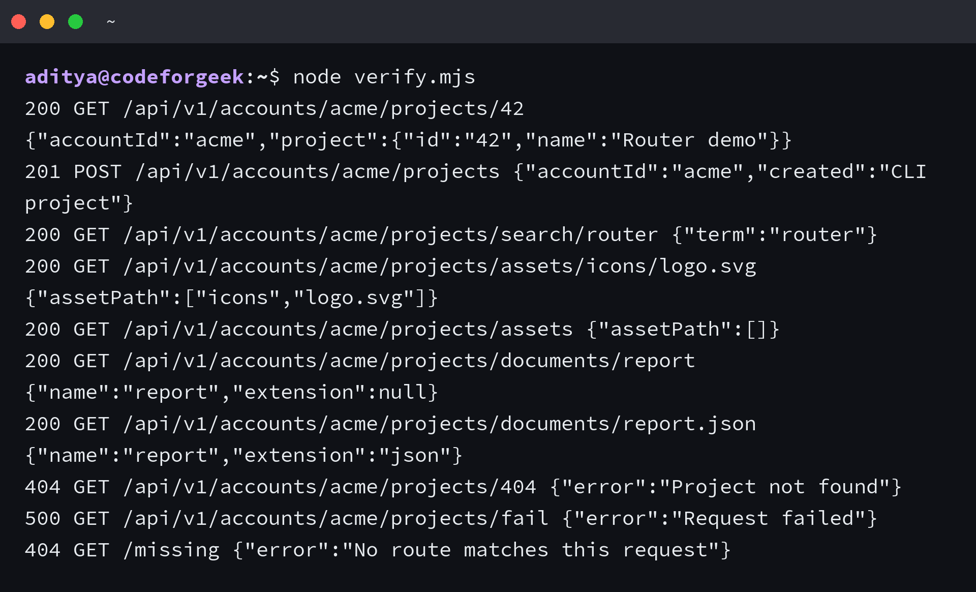 Express Router test output showing mounted routes, matching results, and error responses