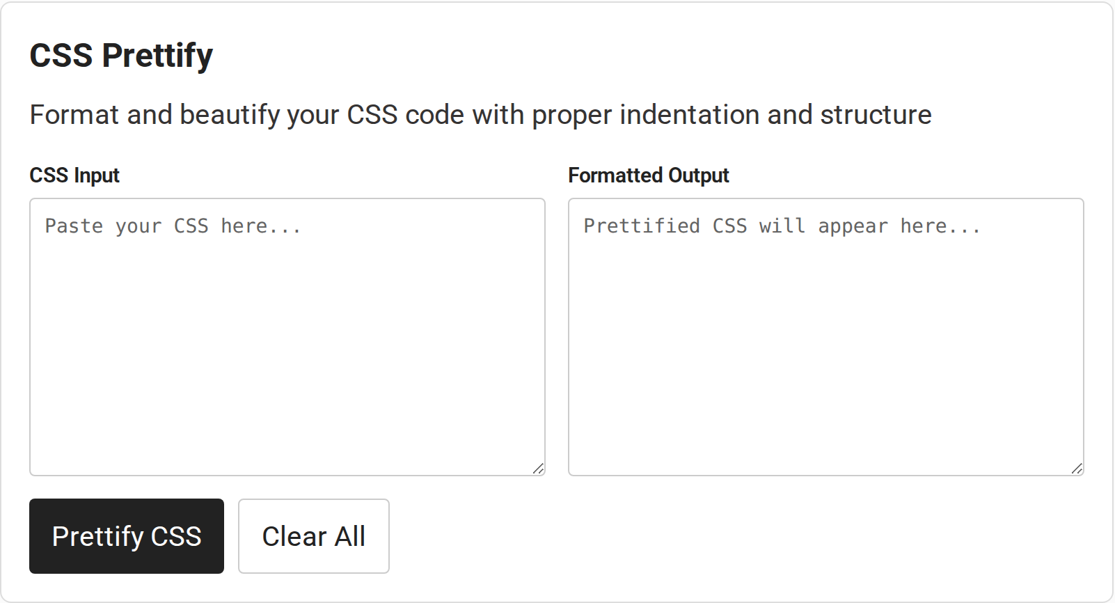 CSS Prettify input and formatted output fields with Prettify CSS and Clear All controls