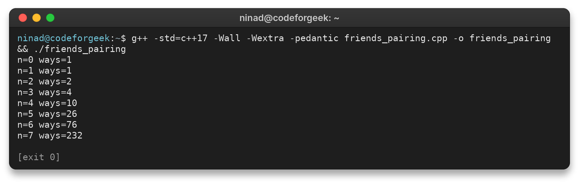 Terminal output from the friends pairing C++ program