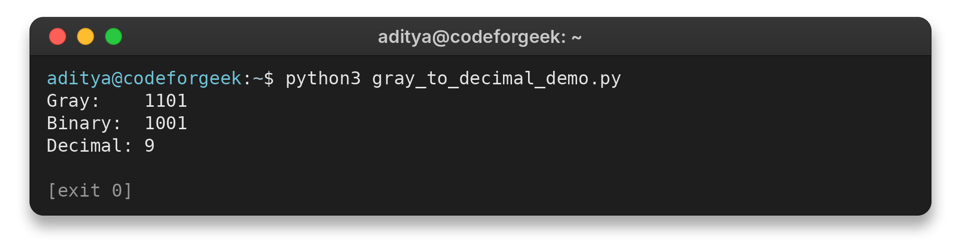 Gray code 1101 decoded to binary 1001 and decimal 9
