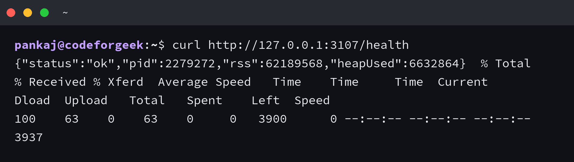 PM2 demo health endpoint returns process status, PID, RSS, and heap usage