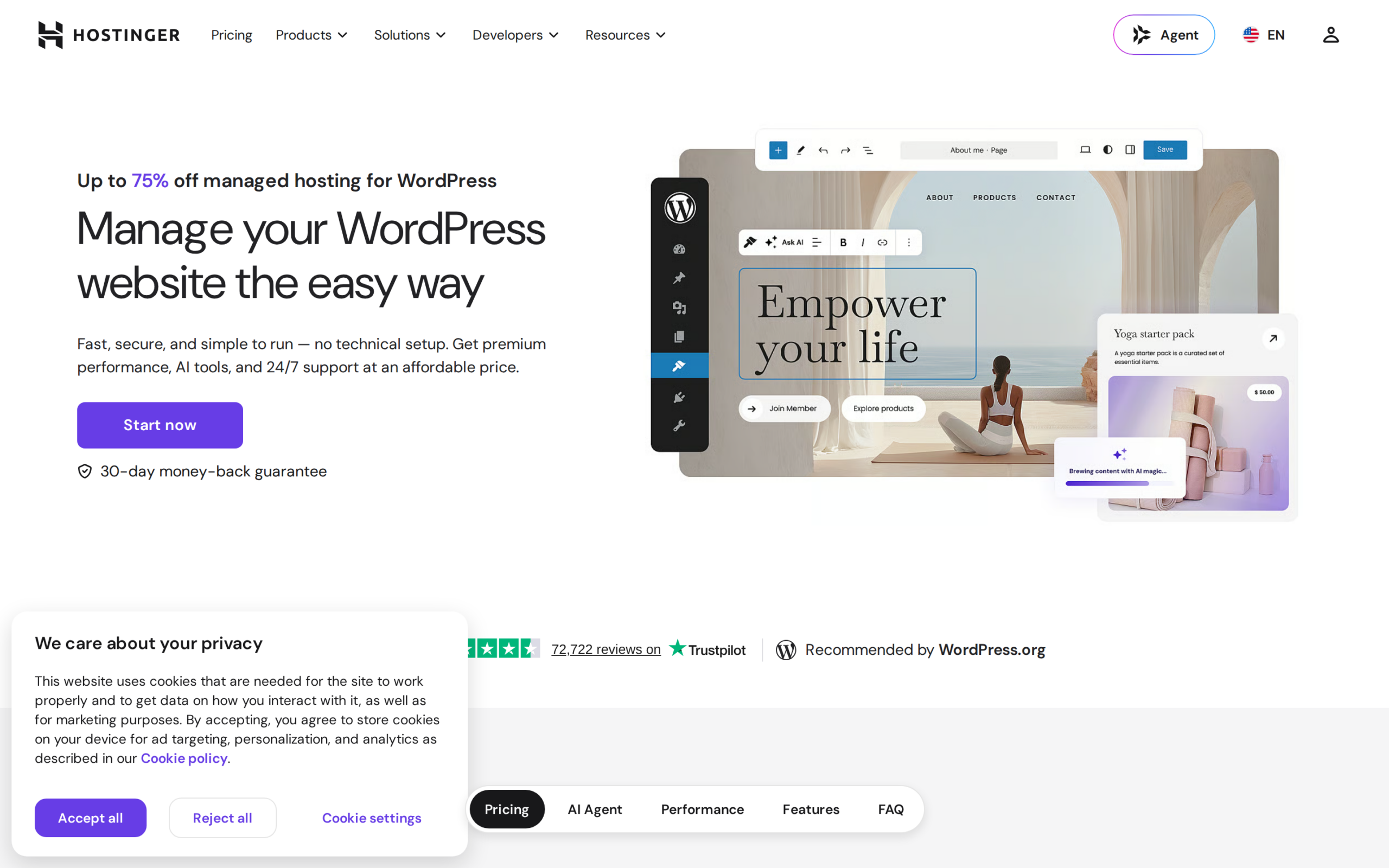 Hostinger WordPress hosting product page