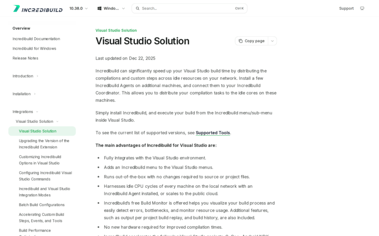 Incredibuild documentation for accelerating Visual Studio solution builds