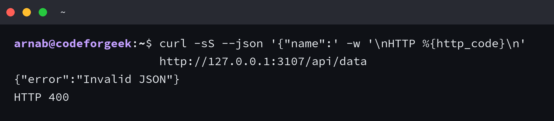 Malformed JSON request returning Invalid JSON and HTTP 400