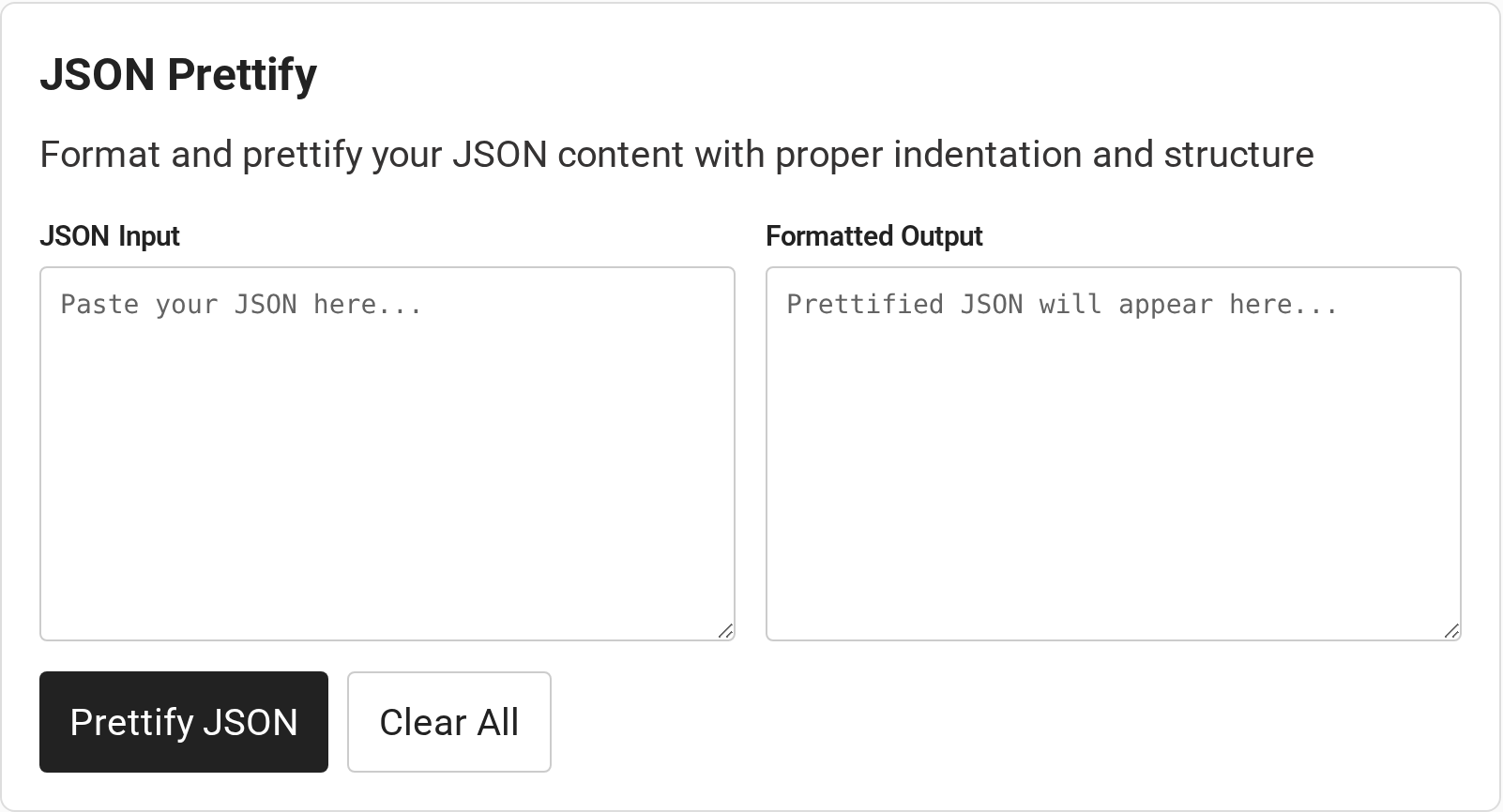 JSON Prettify tool with input and formatted output fields