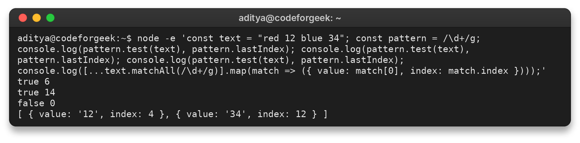 Global RegExp test calls advance lastIndex before resetting after failure.